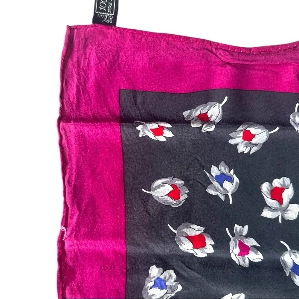 GIVENCHY 100% Silk Gorgeous Black Floral and Hot Pink Border 29” Scarf